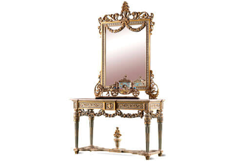 French Louis XVI style exuberantly carved, greenish-grey painted and parcel giltwood Console and Mirror
